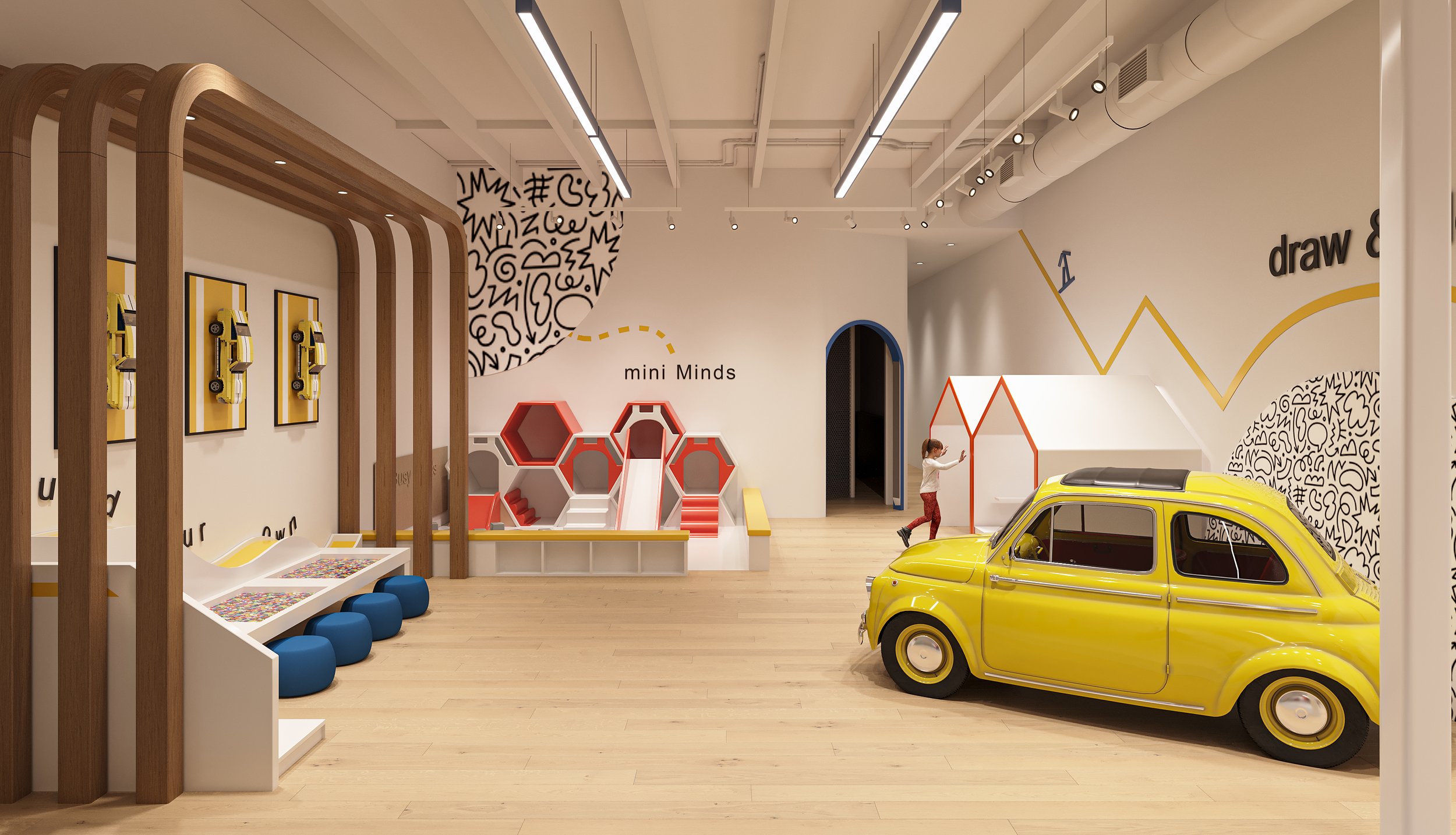 Mini Minds toddler area and play car at Imagine Minds.