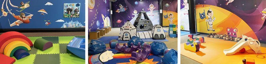 Children's play structures inside Junior Jet Club at the Cradle of Aviation Museum.