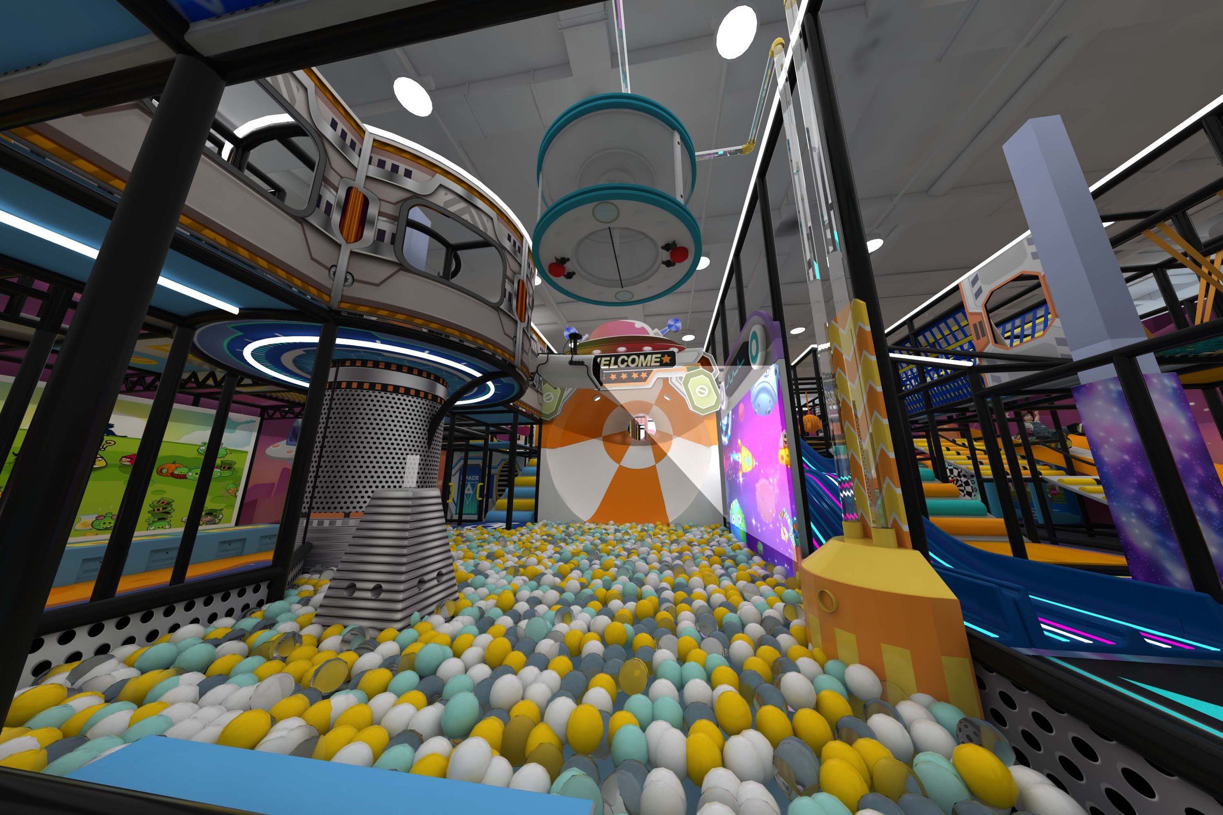 Ball-pit play zone inside Kidztopia Boston.