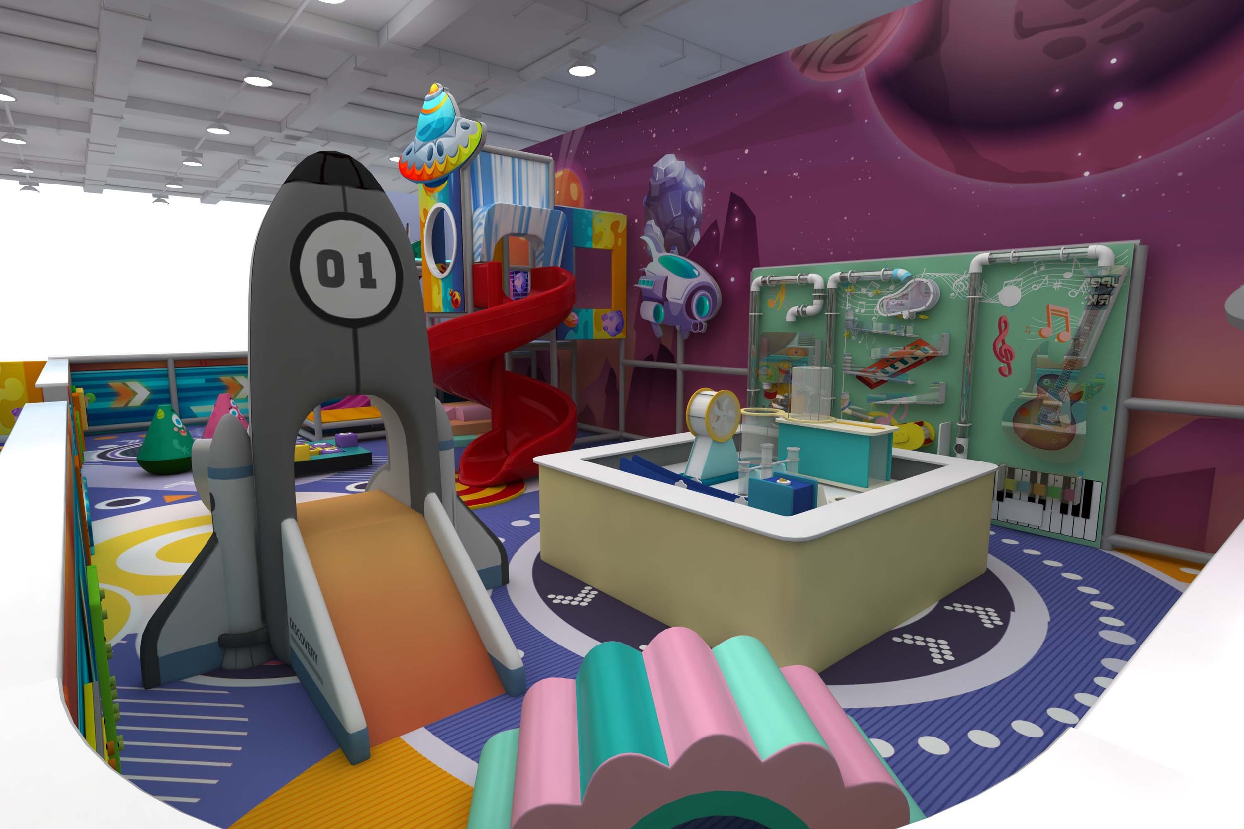 Toddler rocket slide and early-learner play area at Kidztopia Boston.