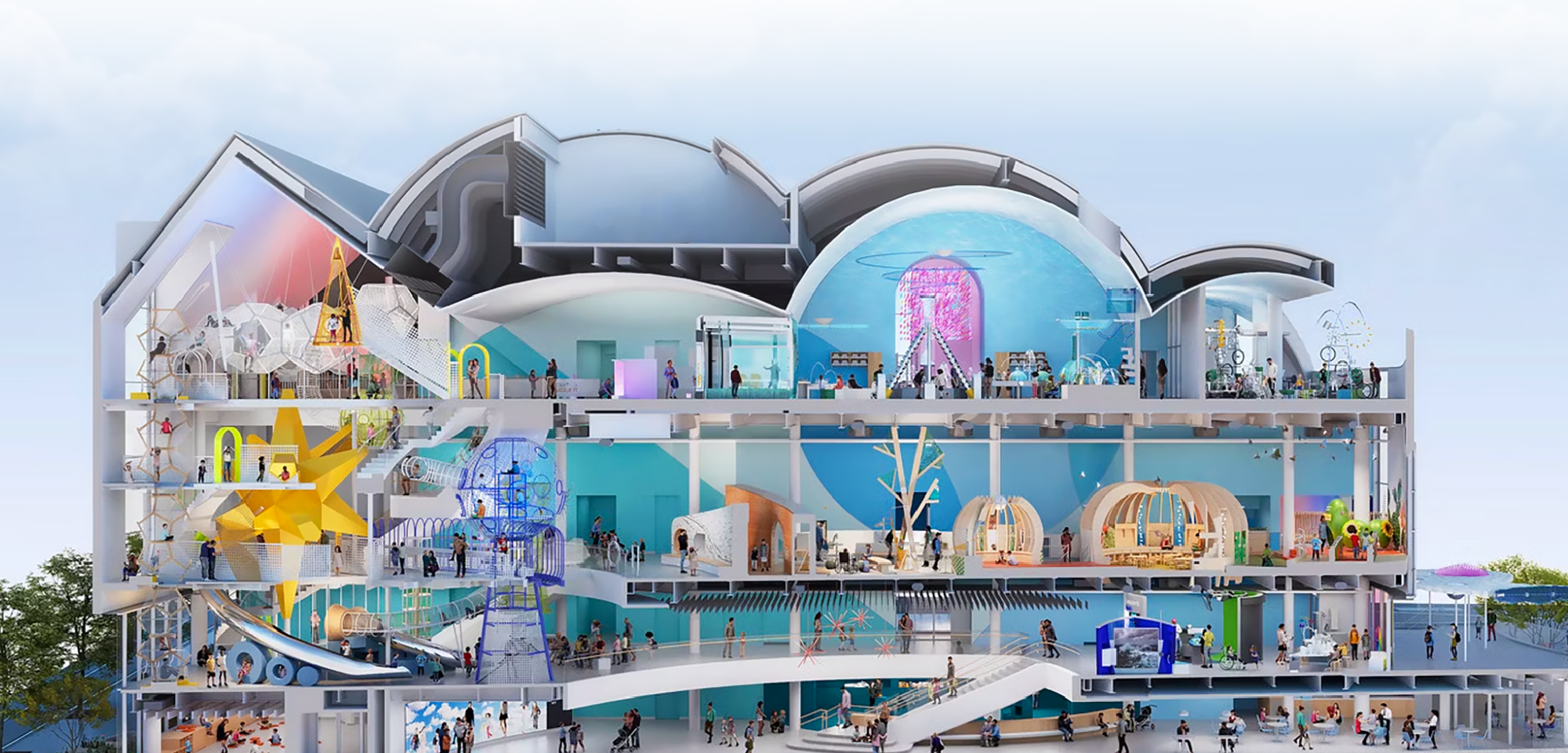 Official cutaway map showing the multi-floor layout of La Nube STEAM Discovery Center.