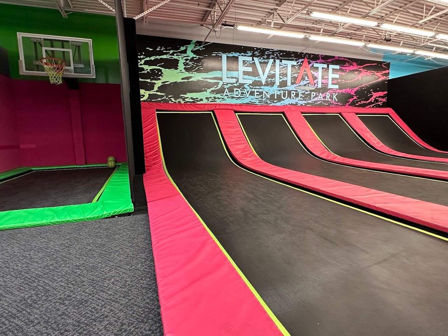 Main trampoline lanes at Levitate Adventure Park.