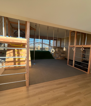 Hanging rings and climbing setup inside Lily Lake Indoor Play Cafe.