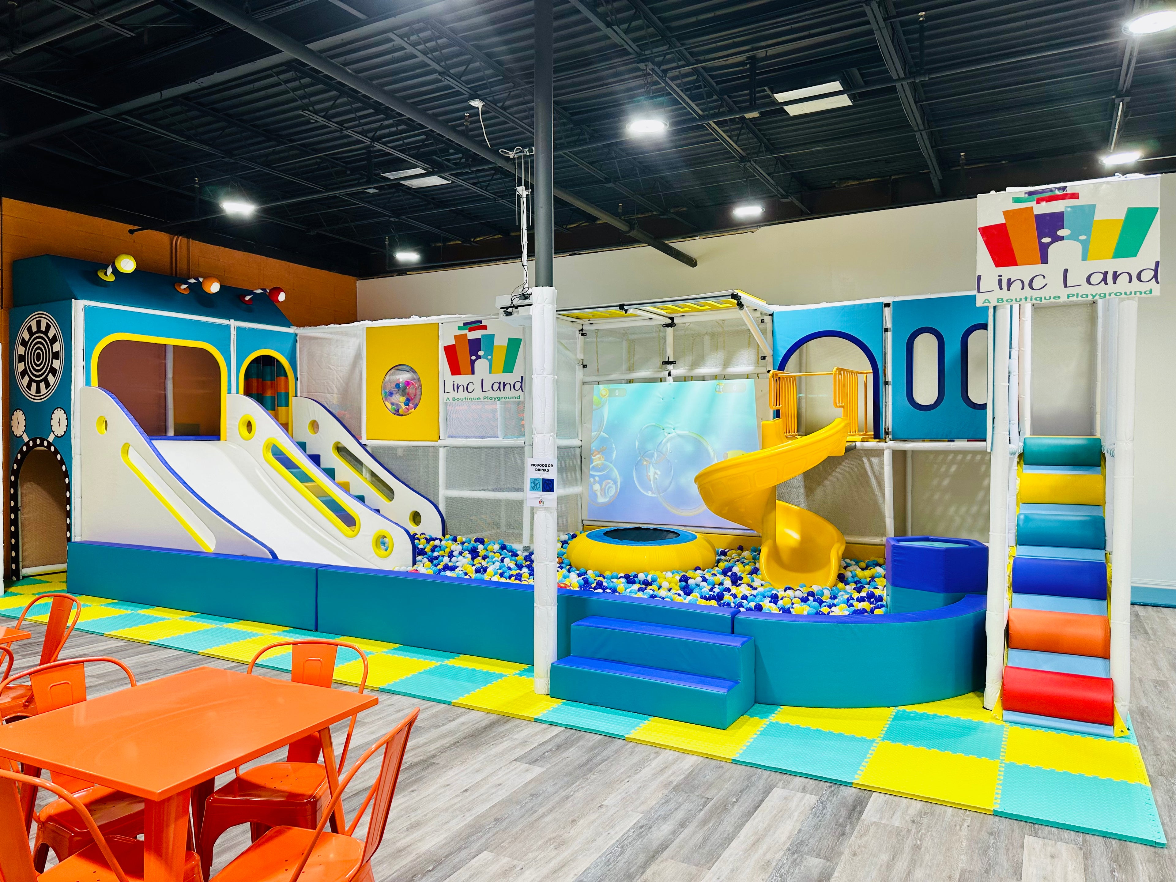 Colorful indoor playground structure with slides, climbing features, and ball pit at Linc Land