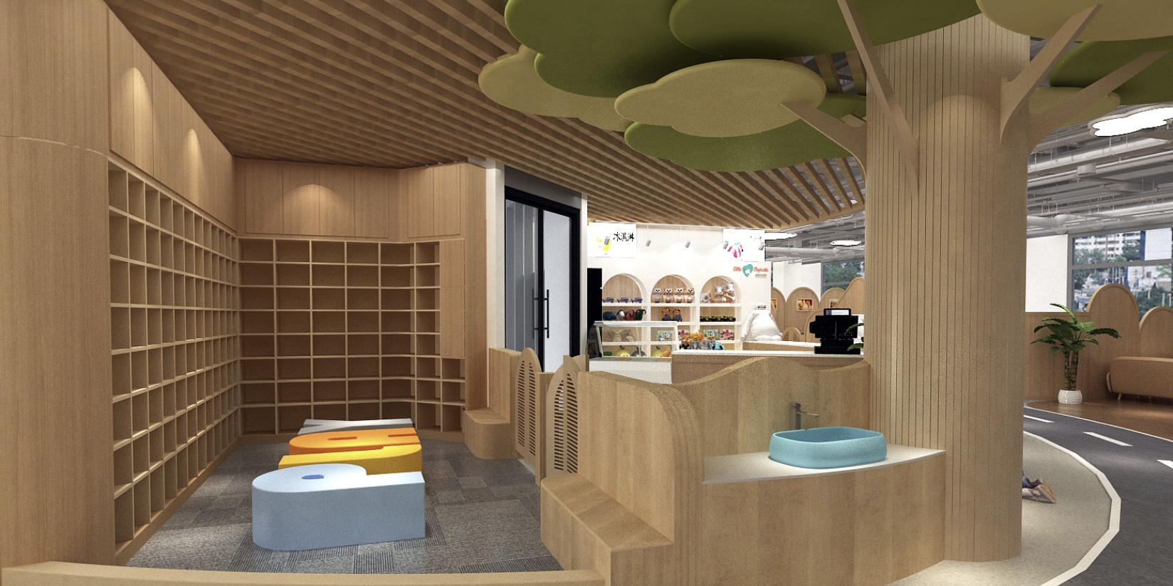 Shelving and entry-zone seating inside Little Elephants Kids Place in Brea.