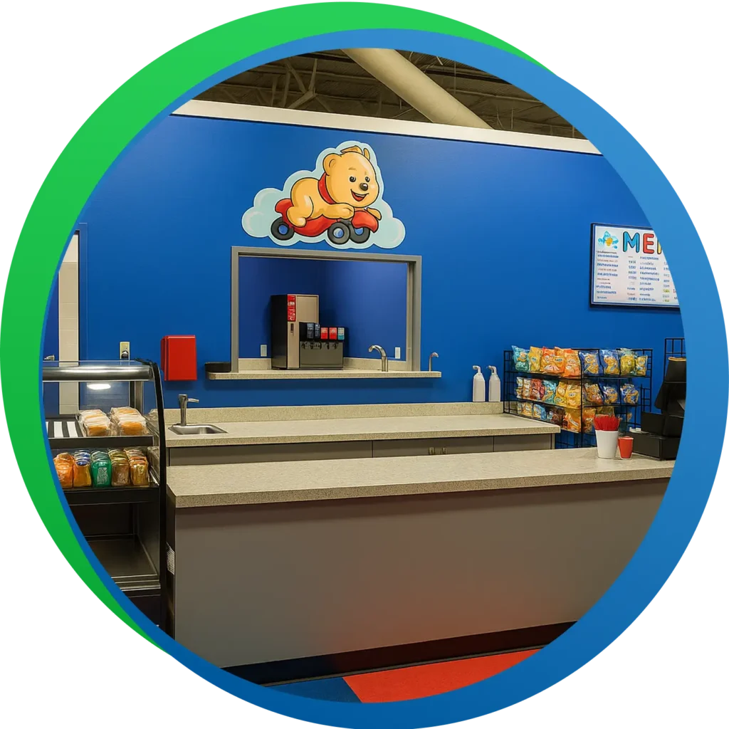 Café and parent seating area at Luv 2 Play Stockton.