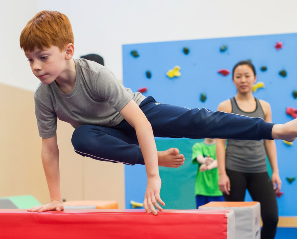 Young participant climbing and balancing through the obstacle course.