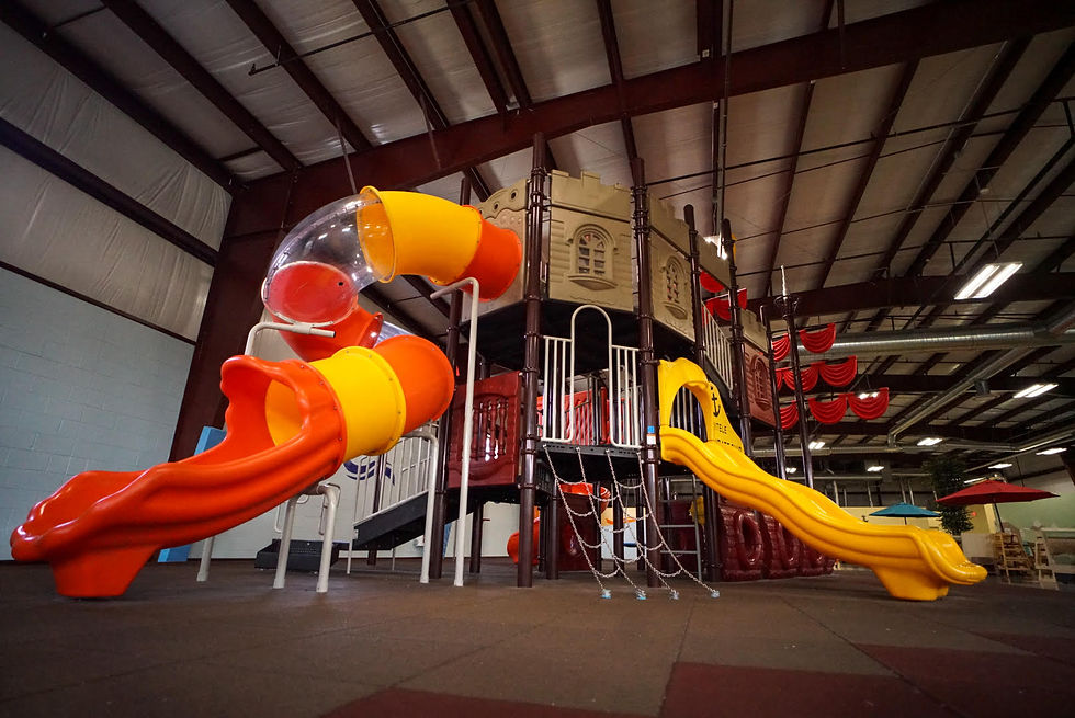 Wide look at Ontario Play & Cafe's main indoor play floor.