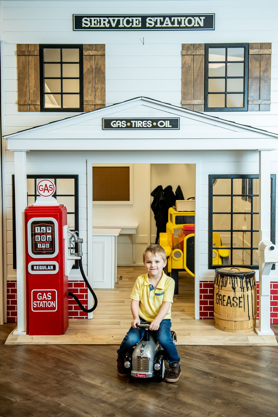 Service station pretend-play structure at Piney Town Playhouse