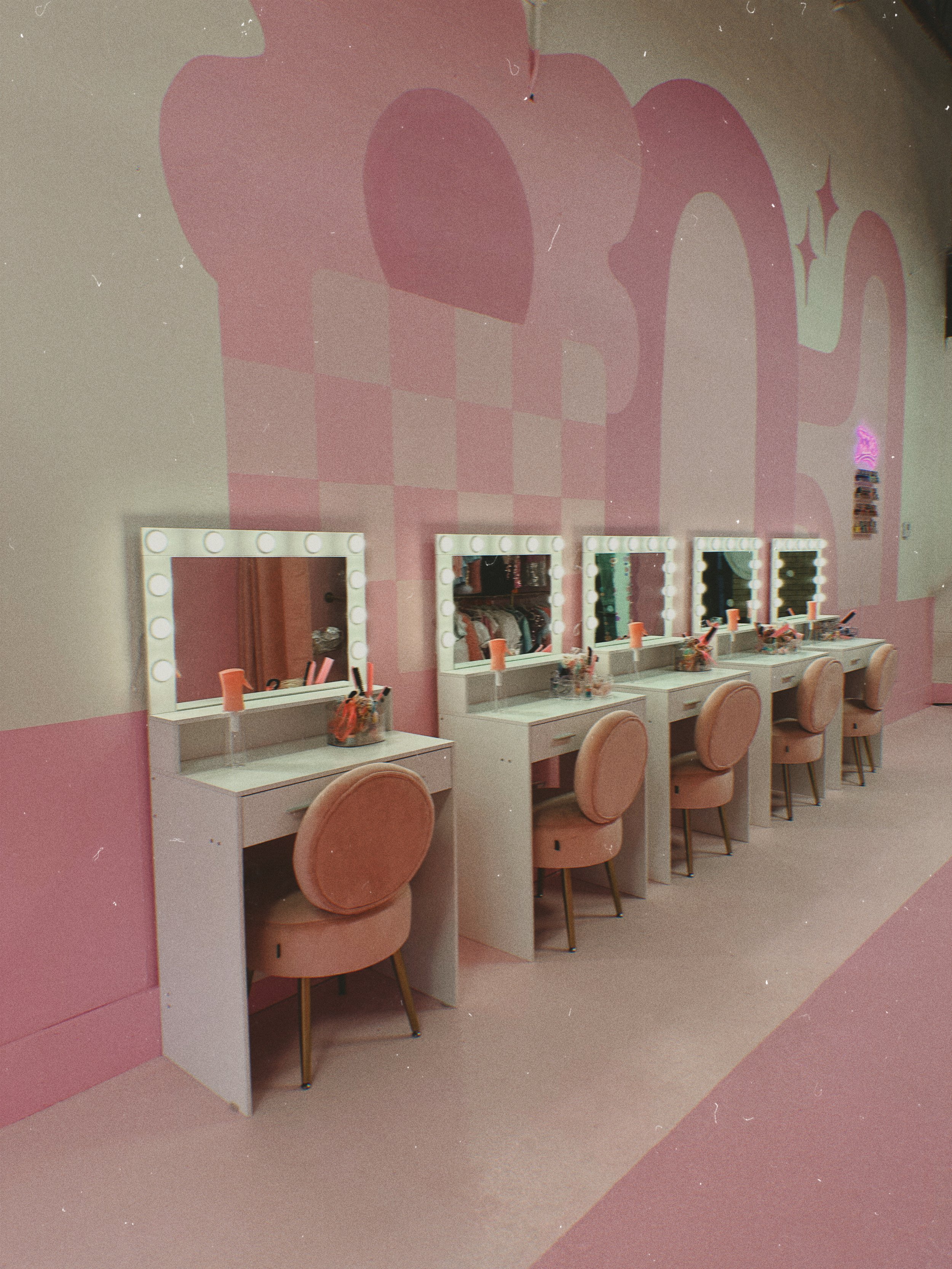 Pink glam room vanity stations at Play & Party Co.