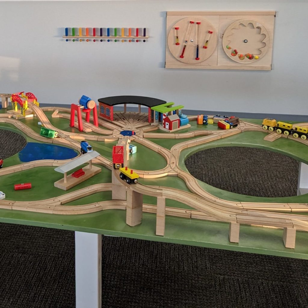 Large train table inside Play/Cafe in Yakima.