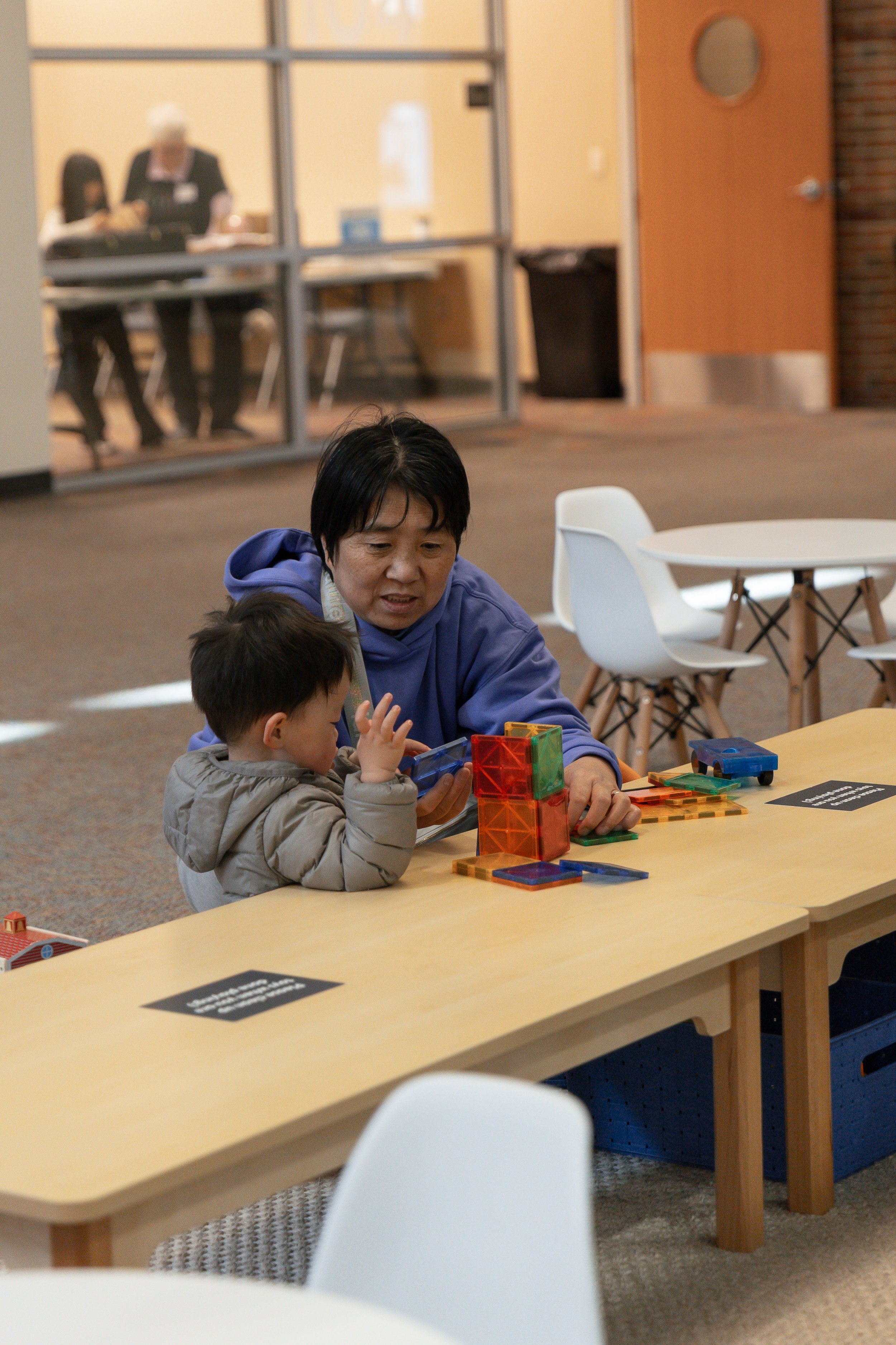Magnet tile and tabletop play setup at Play Park in Novi.