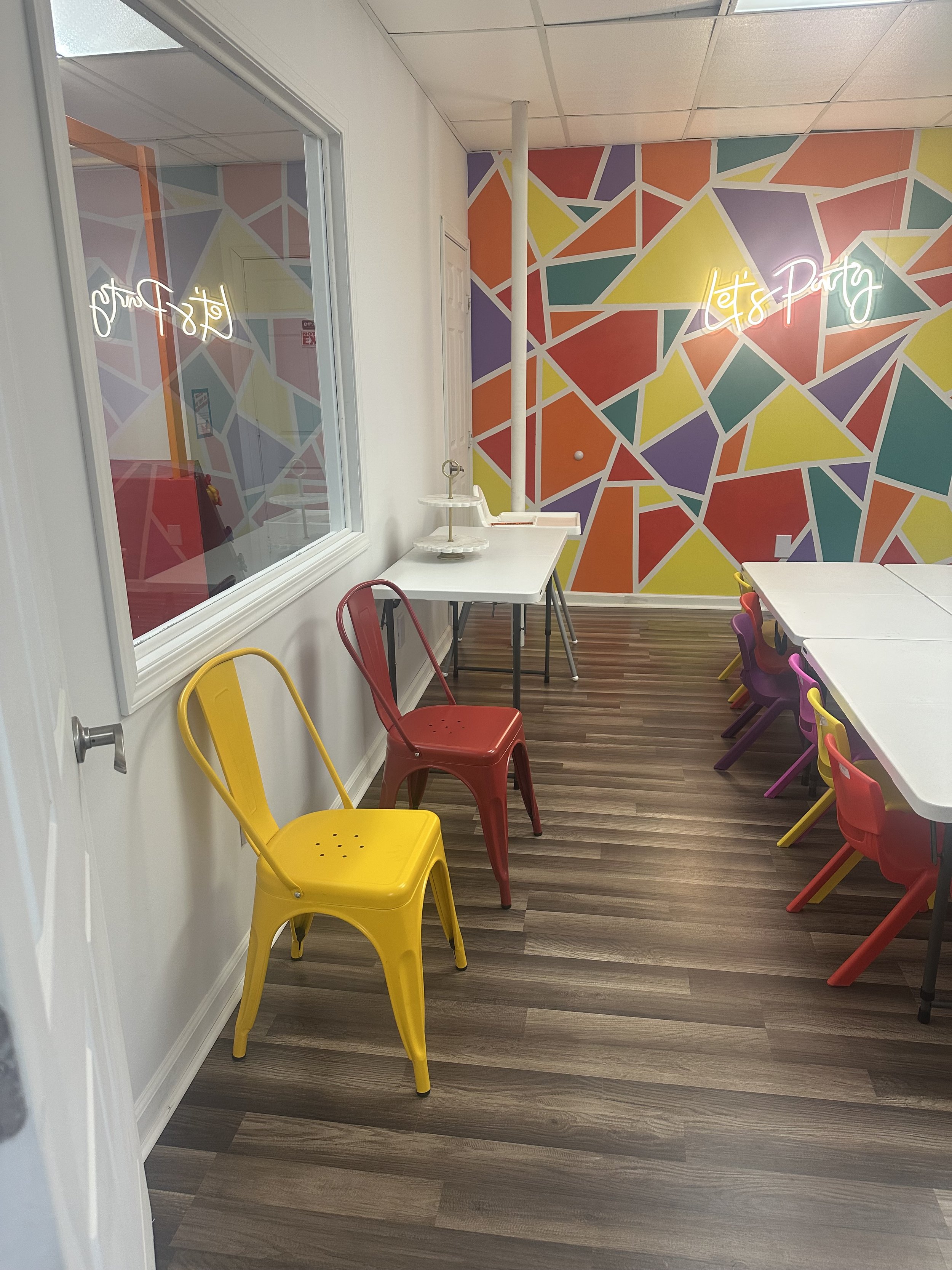 Birthday party room setup at Playcation