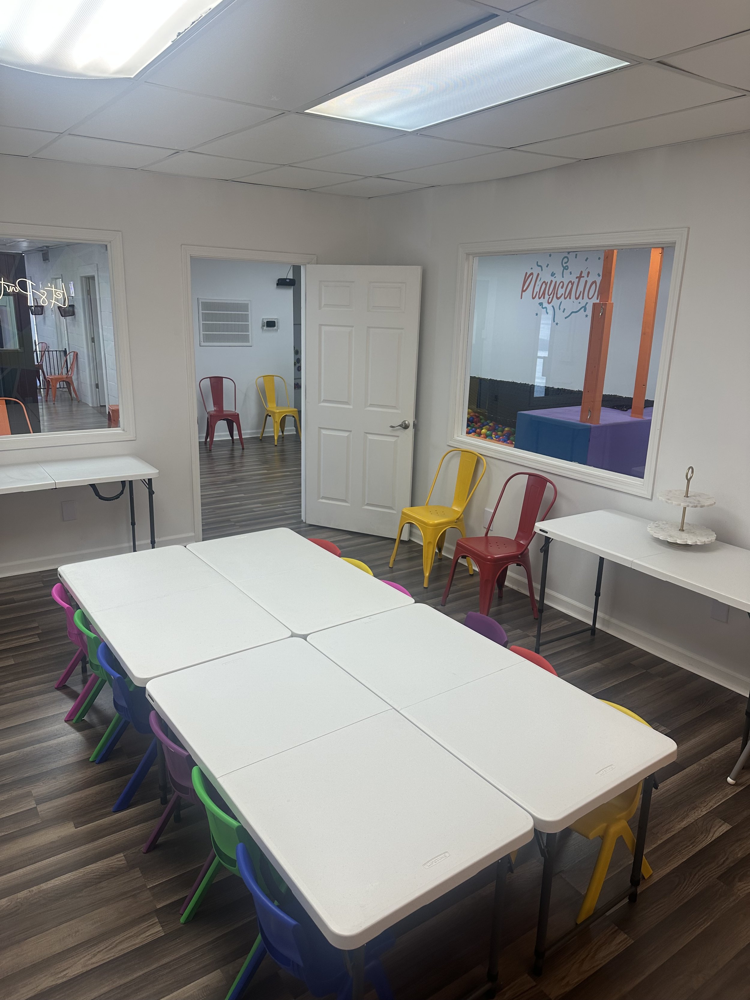 Playcation party room seating and decorations