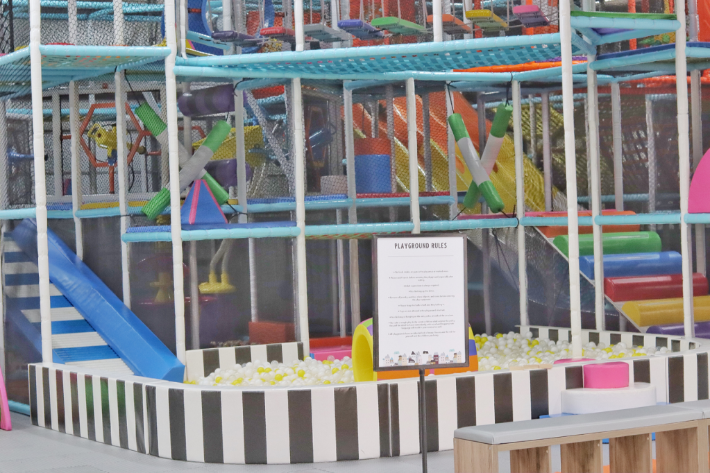 Playland Monroe's large climbing structure and ball-play area