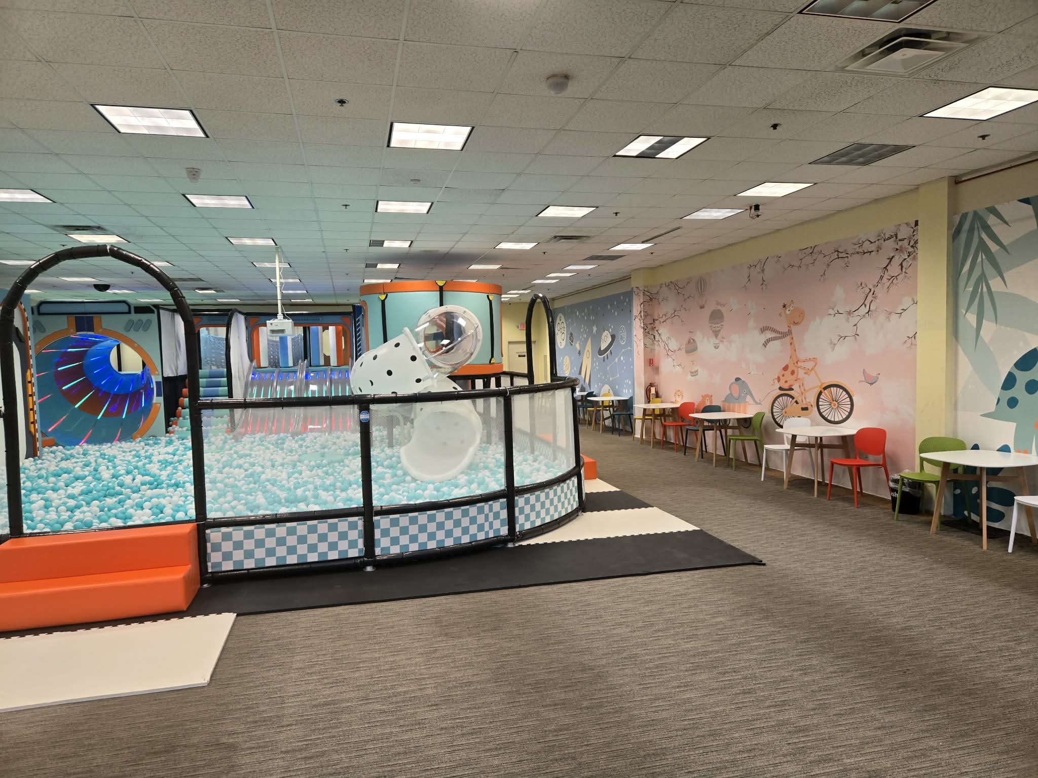 Wide view of the main indoor playground and ball-pit area at ProKids Place.