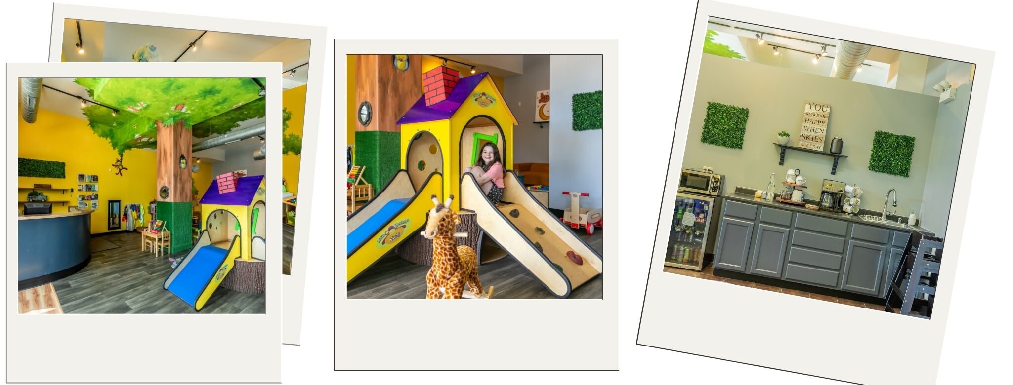 Collage view of classes and play inside Purple Monkey Playroom