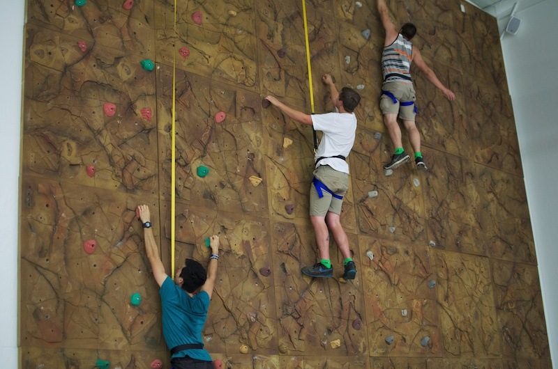 Indoor climbing wall at Rare Air Trampoline Park in Redding