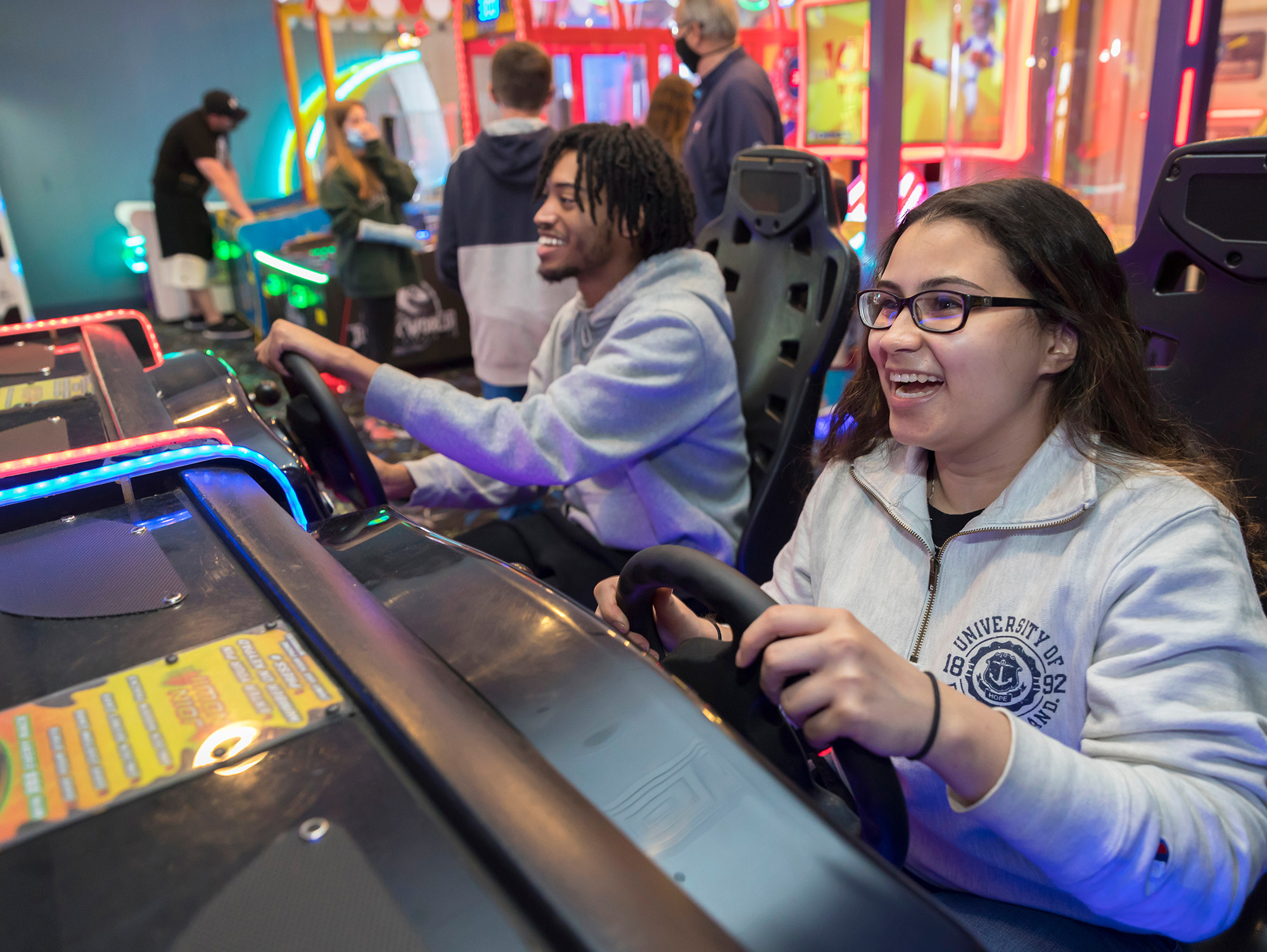 Guests playing driving games at Ryan Family Amusements Newport