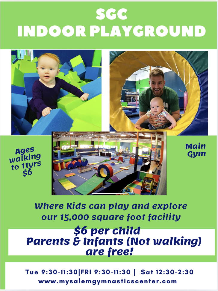 Salem Gymnastics Center indoor playground schedule graphic.