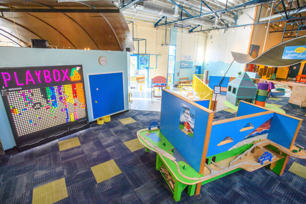 Wide interior view of Santa Fe Children's Museum exhibits