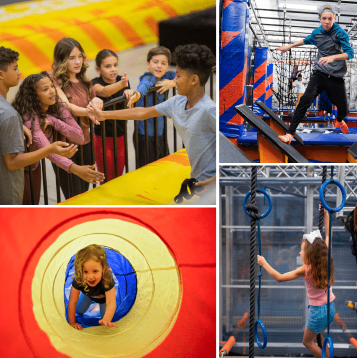 Kids using trampoline and obstacle attractions at Sky Zone