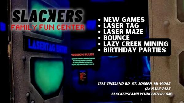Promotional image for Slackers Family Fun Center highlighting laser tag, bounce, and birthday parties.