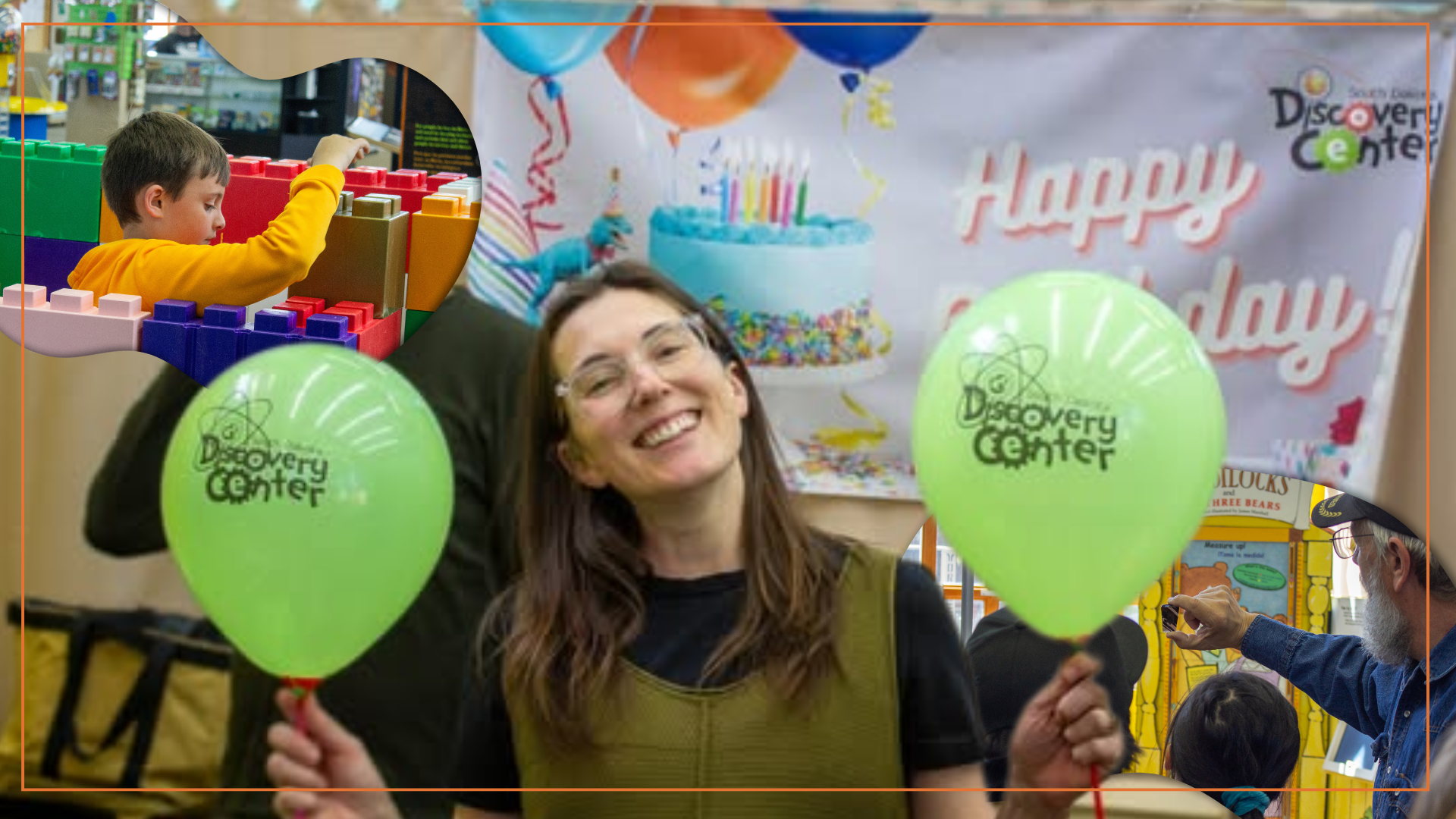 Birthday setup inside the South Dakota Discovery Center with balloons and exhibit-hall play nearby.