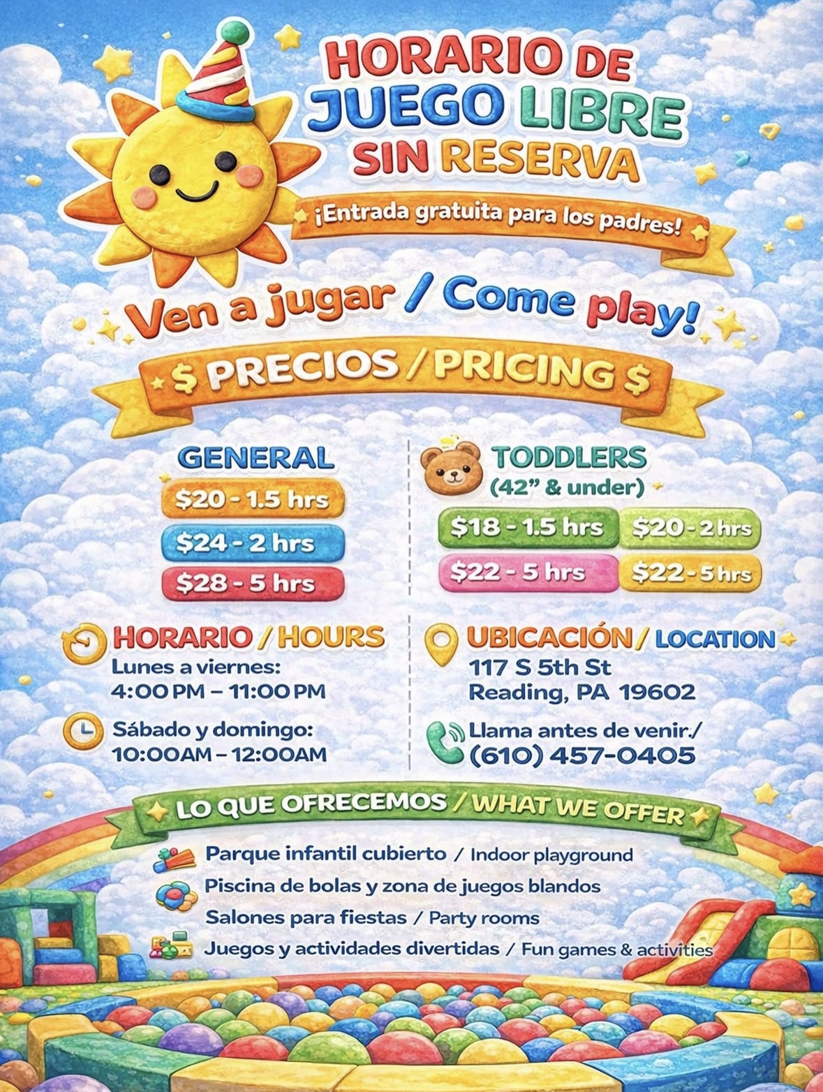 Open play pricing poster for Sunshine Kids Rental