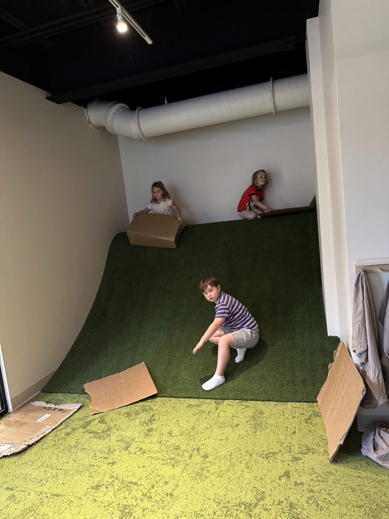 Indoor turf play hill and slide area at The Burrow Cafe & Play.