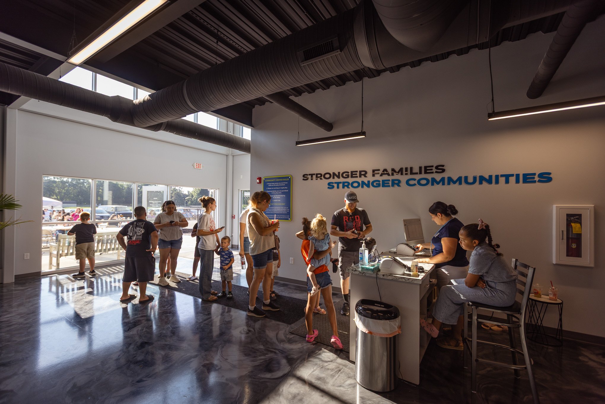 Lobby seating and welcome area at The Community Center at Crossroads.