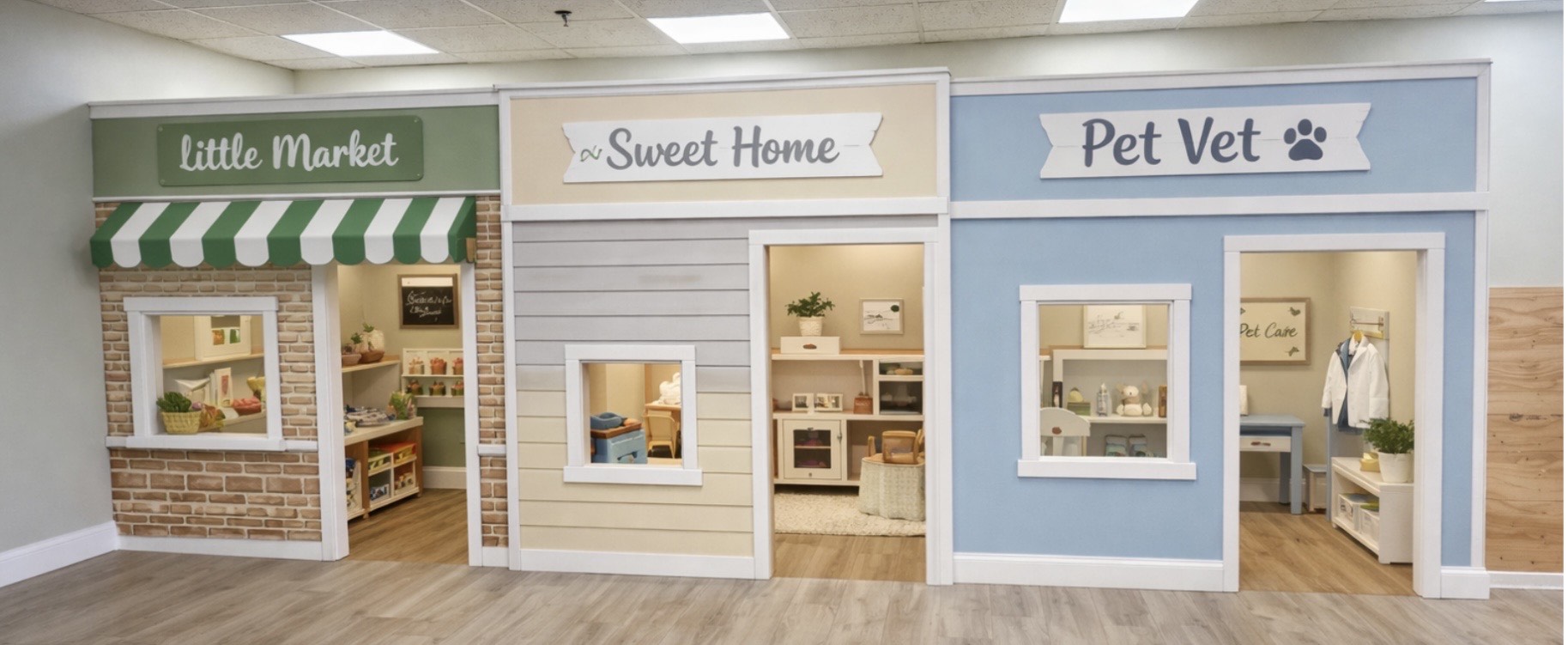 Pretend-play market, home, and pet vet stations at The Play Zone