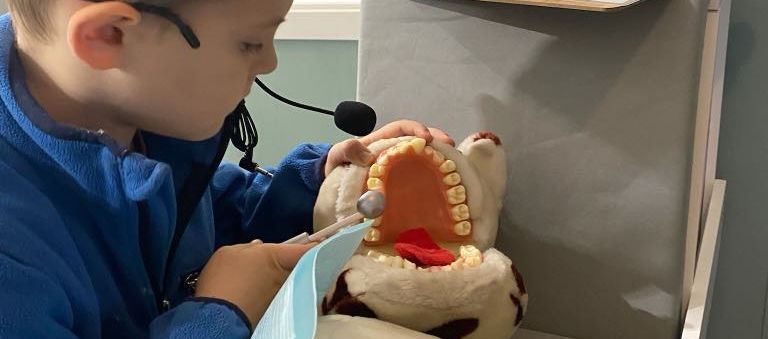 Child using the pretend dental exhibit at Valley Play Museum.