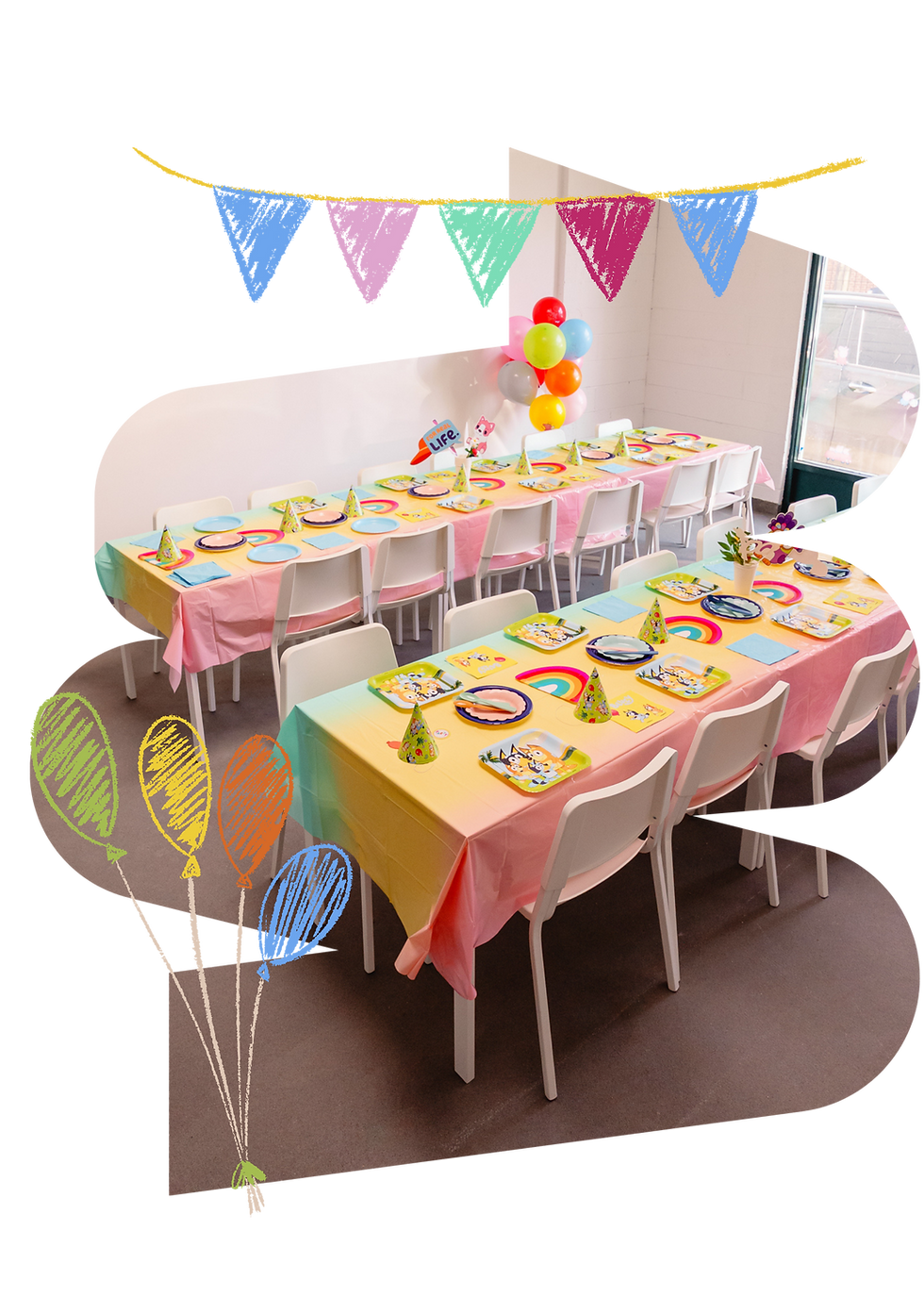A decorated party setup inside WonderPlay & Coffee.