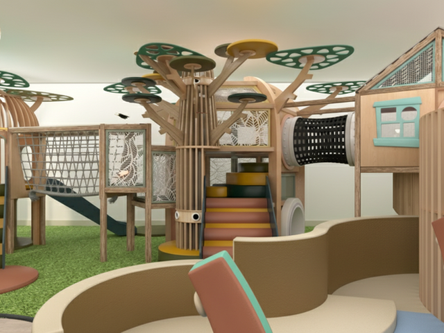 Front-facing view of WonderPlay Zone's indoor play layout