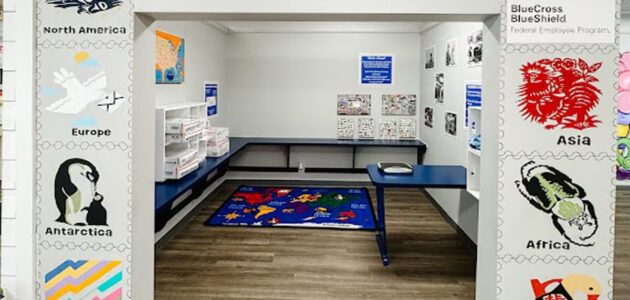 Pretend post office exhibit at Zing Zumm Children's Museum
