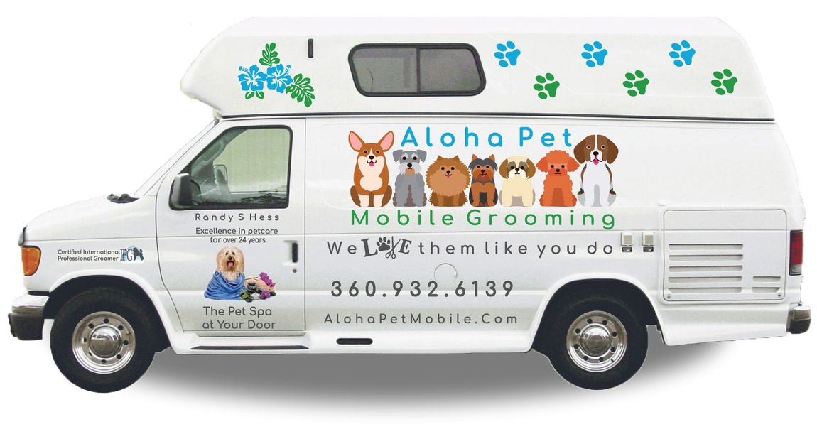 Dog inside Aloha Pet Mobile Grooming setup