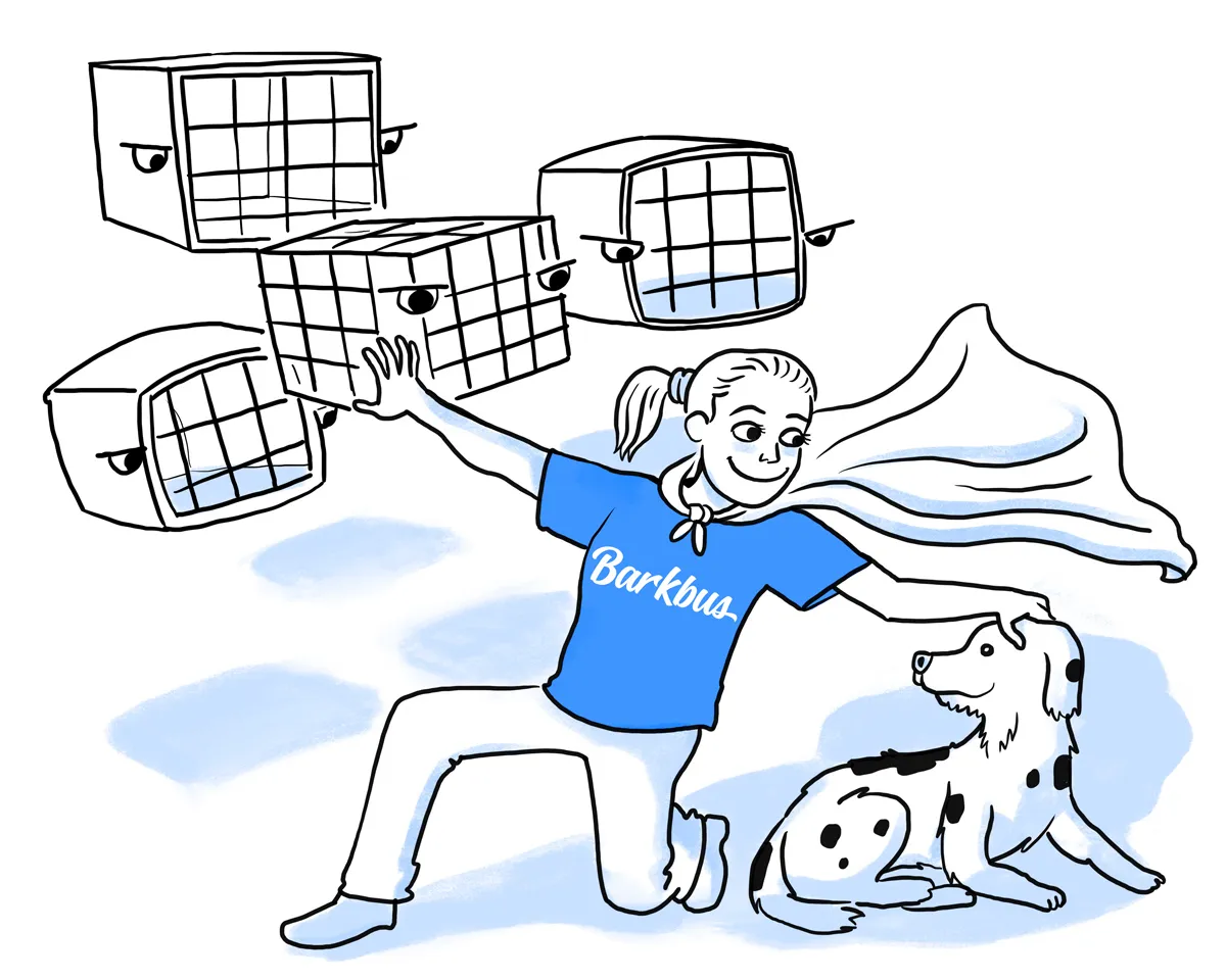 Barkbus graphic about saving dogs from cages and salon stress