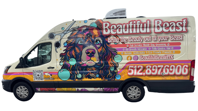 Beautiful Beast ATX mobile grooming van in branding photo