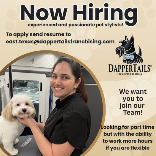 Hiring graphic from DapperTails Mobile Pet Grooming of East Texas