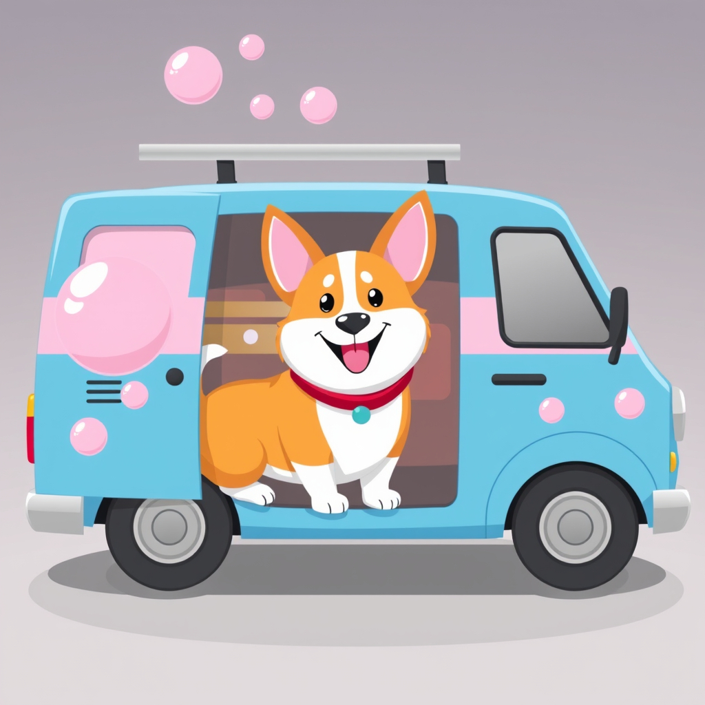 Illustrated mobile grooming van graphic for Four Paws