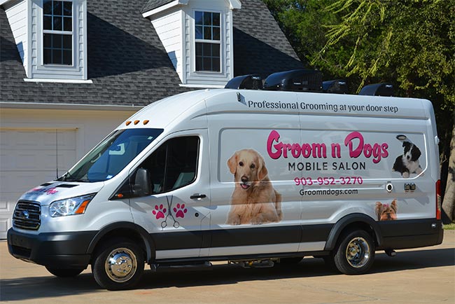 Exterior of the Groom N Dogs mobile grooming van