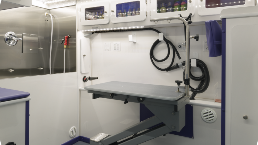 Interior doorway view of the mobile grooming salon