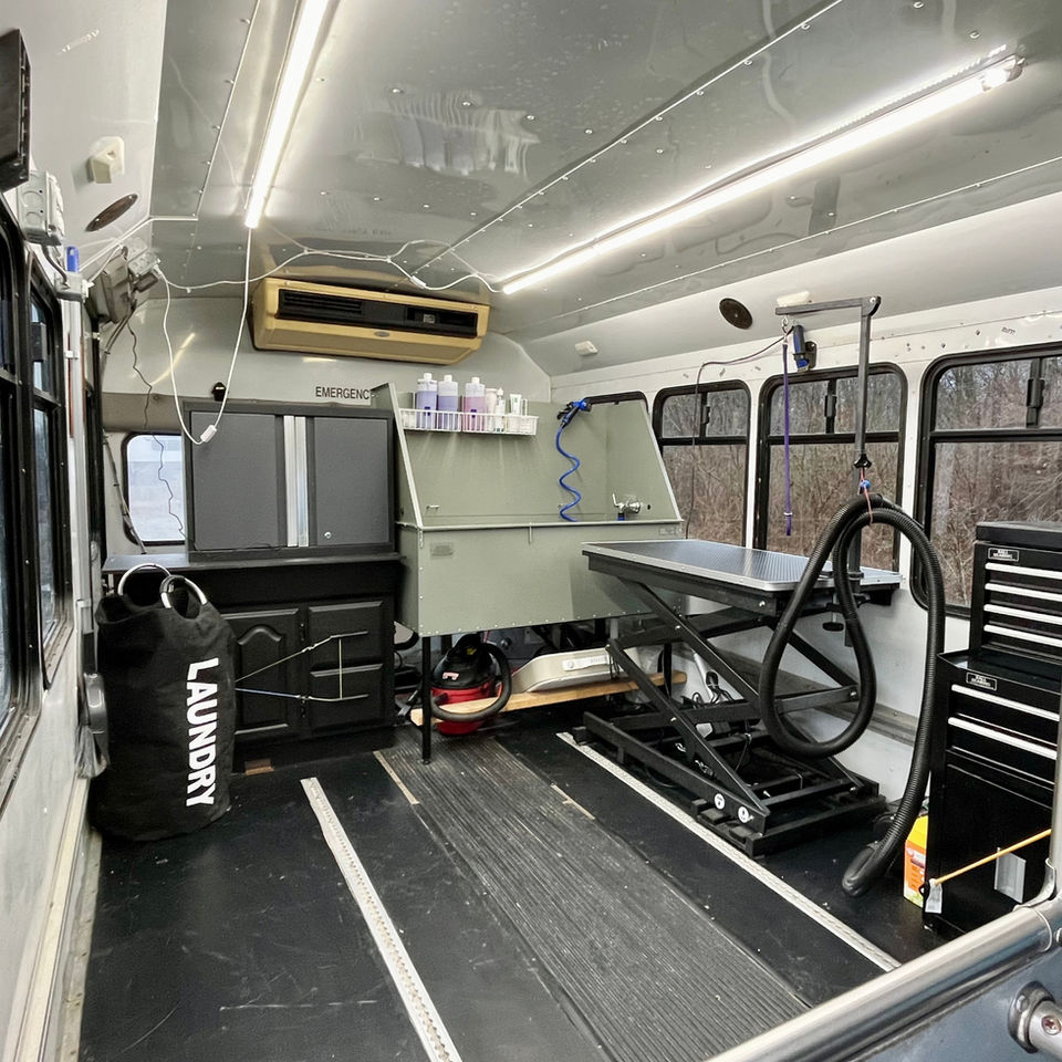 Interior of the L&R Zoom and Groom mobile grooming van