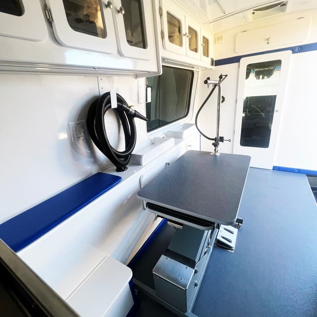 Interior of the Little Blue Groom Buggy mobile grooming van