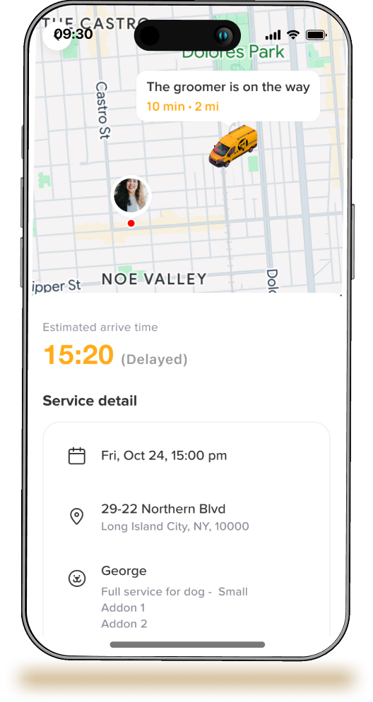 Lucky Dog app screen showing groomer tracking
