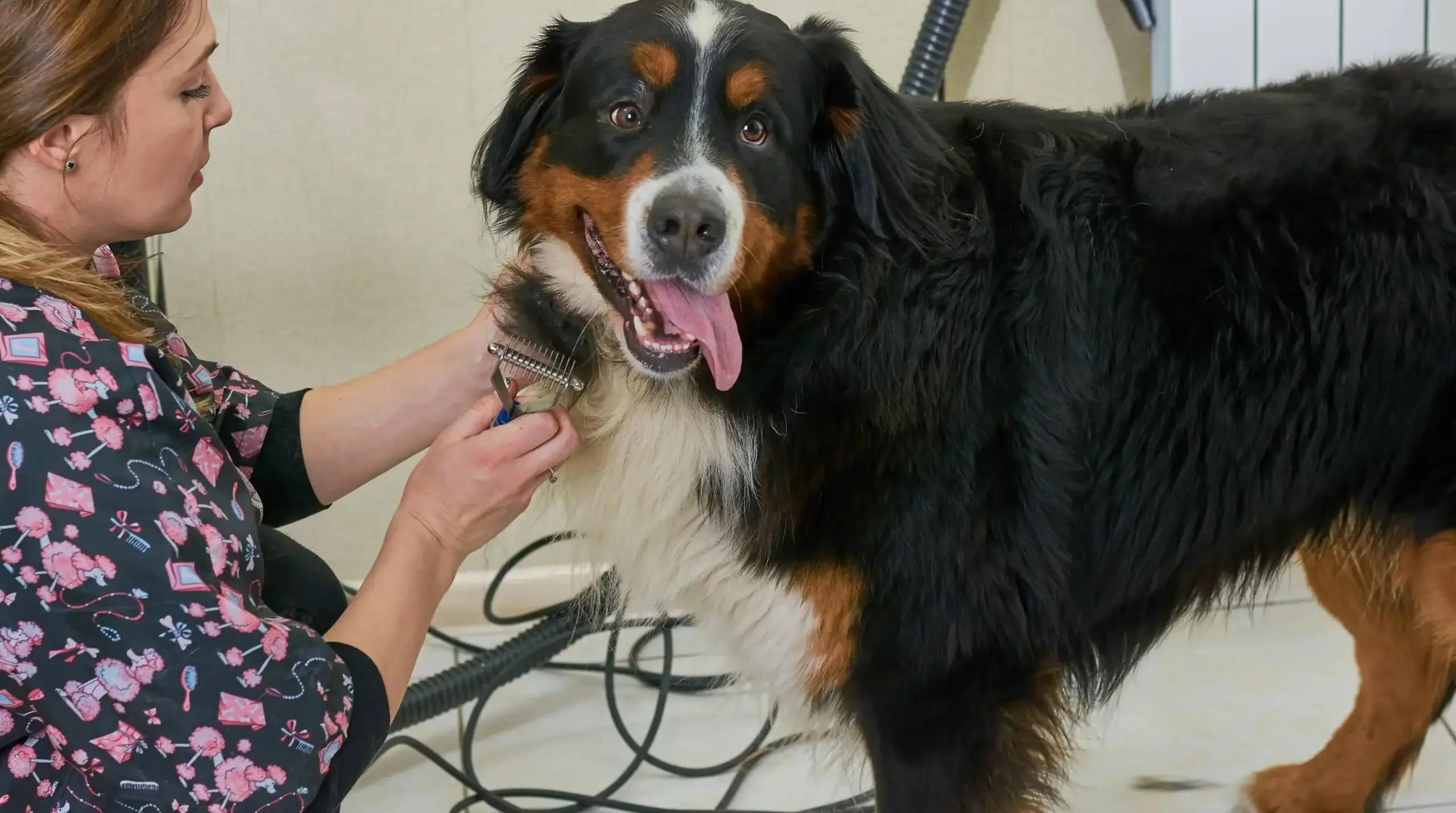 Dog receiving deshedding-related grooming care