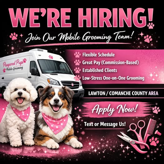 Pampered Pups Mobile Grooming Lawton hiring and service-area graphic