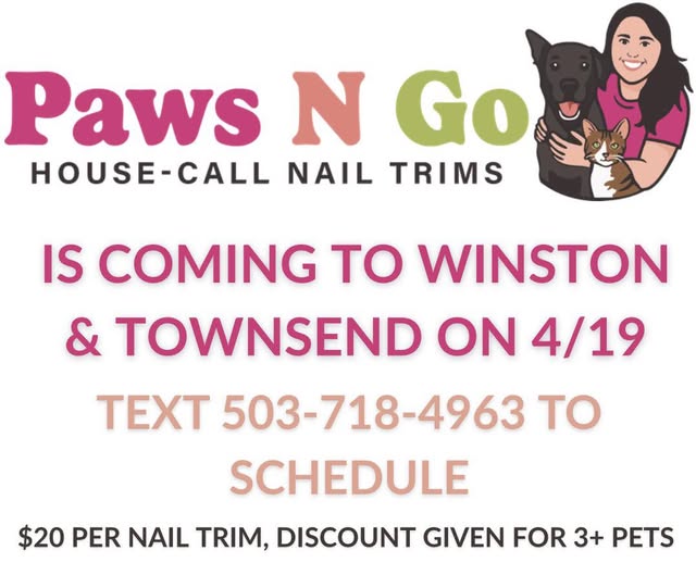 Paws 'N Go service-day graphic for Winston and Townsend nail trims