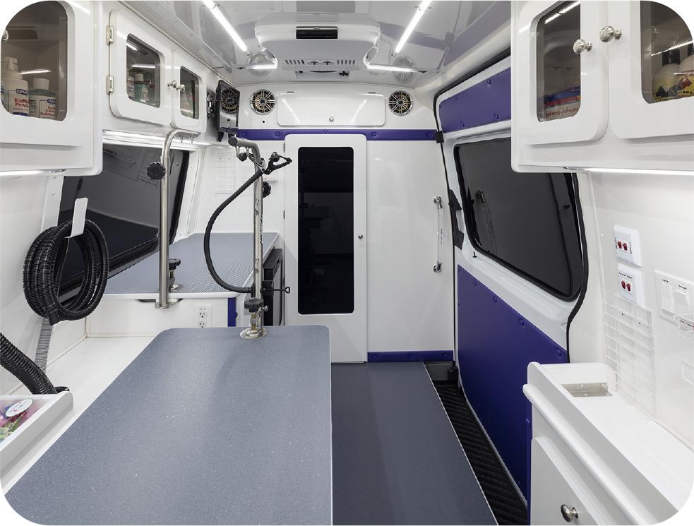 Interior of Zoom to Groom mobile grooming van